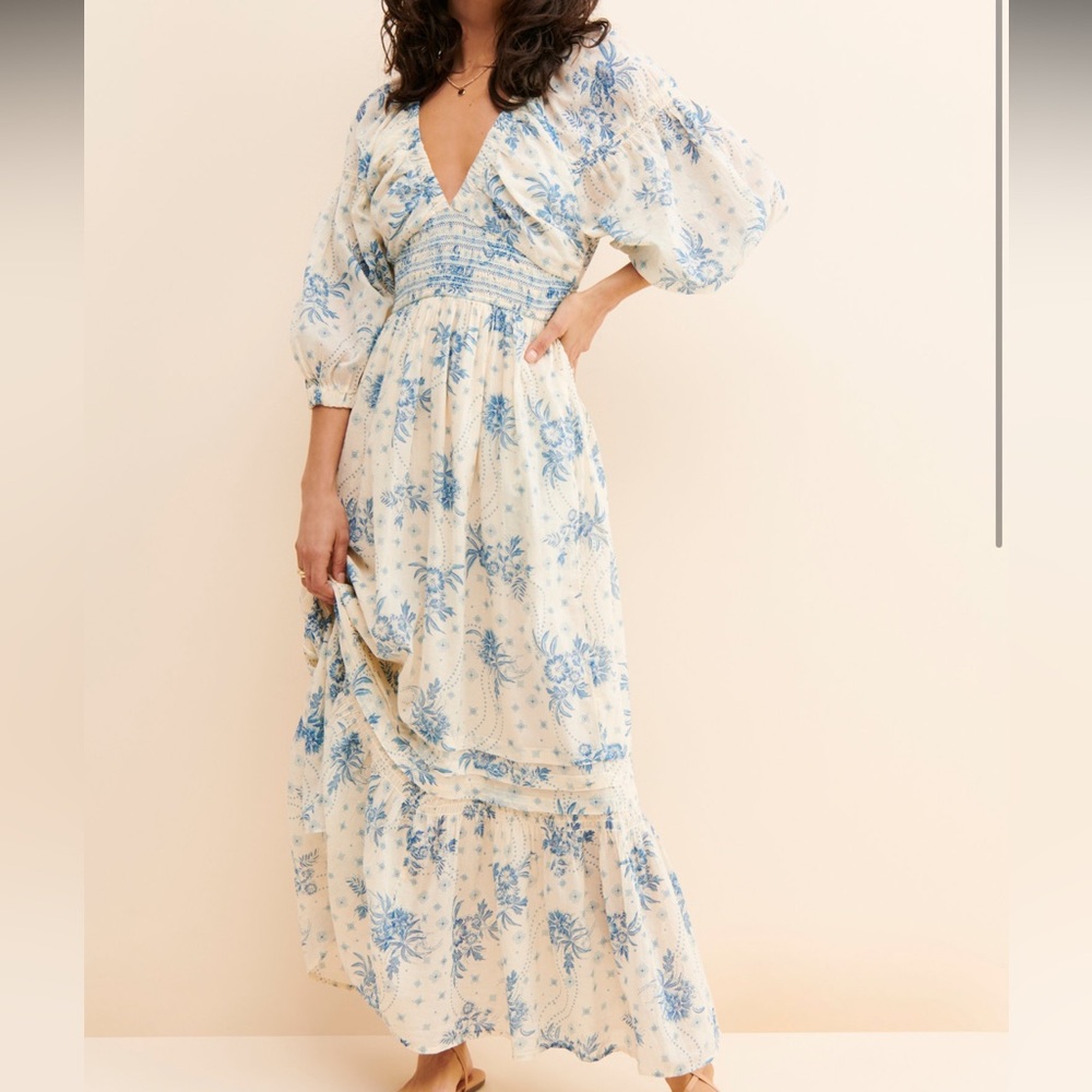 Free People Golden Hour Maci Dress Floral Blue and White